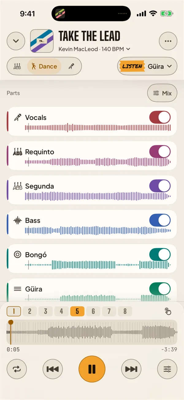 Dance mode in bachata: Listen for the güira, with the requinto, segunda, bongó and güira as parts, and the counts 1 to 8