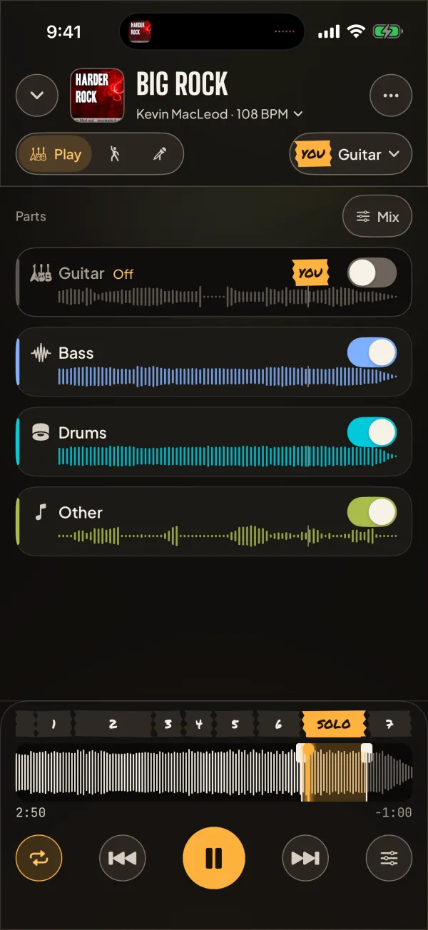 Backline in Play mode with the guitar taken out: the Guitar row is off and marked YOU, with bass, drums and other parts playing, and the song's sections along the bottom
